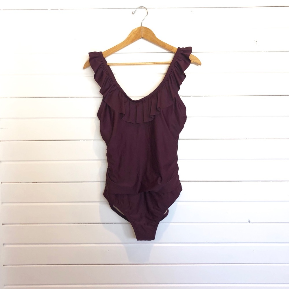 Burgundy ruffle one piece swimsuit